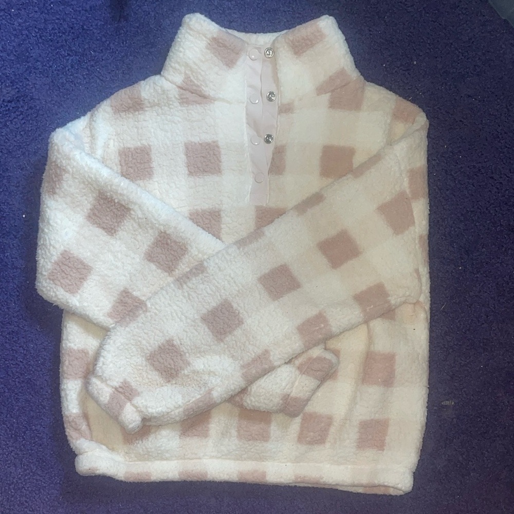 Plaid Fleece Women’s Sweater - Cream and Tan